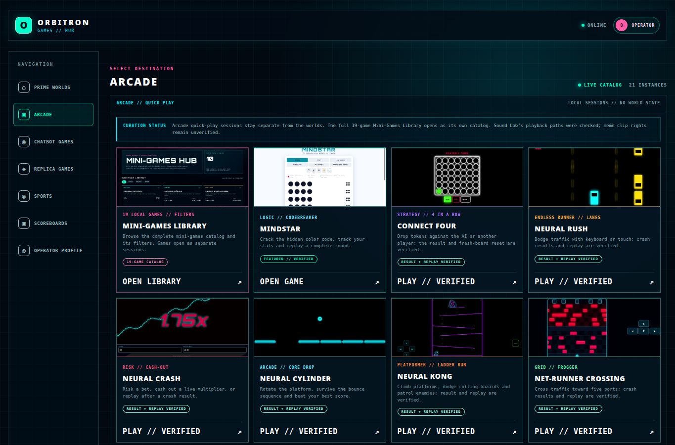 Arcade section in the Orbitron PWA shell